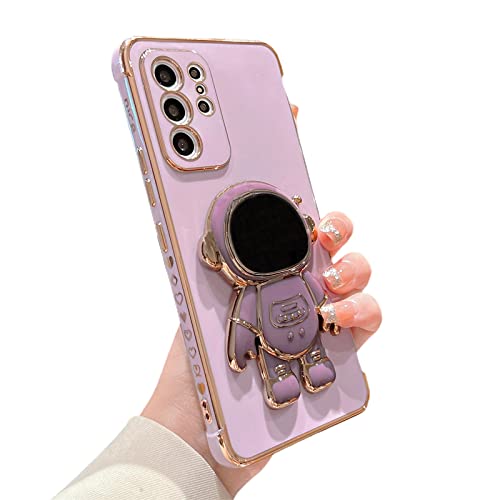 phylla for Samsung Galaxy S21 Ultra 6.8” Phone Case with Cute Astronaut Plating Stand Holder Luxury Electroplated Edge Case with Side Cute Small Heart Pattern Soft Shockproof Kickstand Bumper (Purple)