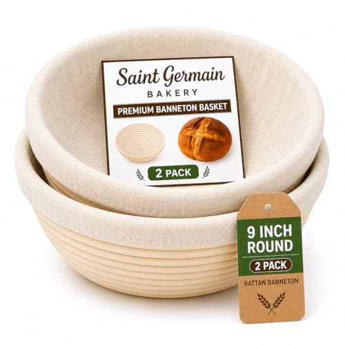 Saint Germain Bakery Premium Round Bread Banneton Basket with Liner (Set of 2 9' Round Baskets)
