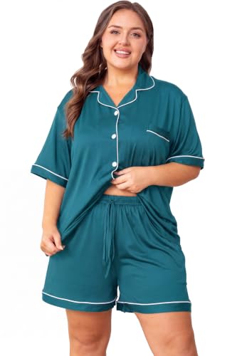Image of Vozanet Women's Plus Size Button Down Pajamas Soft Lounge Sets Shorts with Pockets Bride Nighty Solid Soft Pjs 1x to 5x