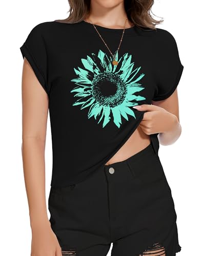 Image of Womens Crop Tops Summer Roll Cap Sleeve Cropped Tshirt Loose Fit Basic Tees