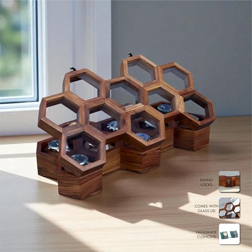 Image of Vintage Wooden Watch Box for Men, Timepiece Display Case, Honeycomb Watch Storage & Organizer, Jewlery Box for Women, Anniversary Gift For Husband (10 Compartments)