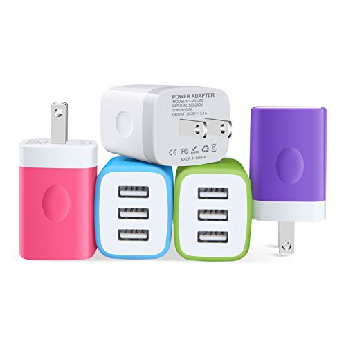 Charger Plug, Charging Block Sicodo 5-Pack 3.1Amp 3-Port USB Charger Cube for iPhone X/8/7/6S/6S Plus/6 Plus/6, Samsung Galaxy, LG, HTC, Moto, Kindle Charger Box
