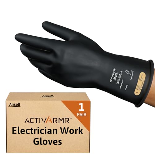 Ansell ActivArmr Class 0, Electrical Protection Rubber Gloves, Flexible and Durable Black Latex Gloves, Ergonomic Arc Flash Protection, L, 11in, 1 Pair