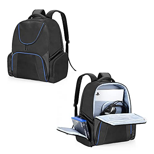 CURMIO Sac à Dos de Rangement Compatible avec Xbox Series S, Xbox One, Xbox 360, PS5, PS4 et PS4 Pro, Étui de Voyage pour Console, Manettes et Accessoires,Brevet en Instance, Bleu ( Sac Vide ) Cover