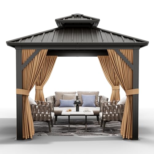 10x10ft Hardtop Gazebo, Aluminum Double Roof Gazebos with Netting and Curtains, Outdoor Permanent Gazebo for Garden, Patio, Backyard, Deck, Lawns (Brown, 10x10 FT)