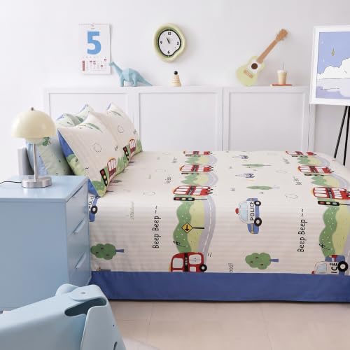 Image of Filymore Kids Double Bedsheet with 2 Pillow Covers | Police Car Printed Bed Sheet for Double Bed | 240 TC Soft Microfiber Bedding Set | 90 x 90 Inch Bedspread | Blue & Red