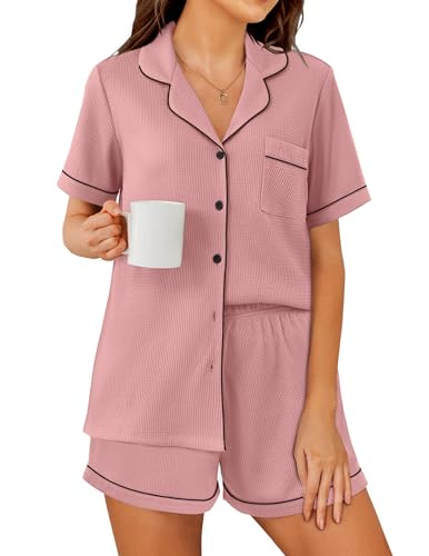 Image of Ekouaer Womens Waffle Knit Pajama Sets Soft Short Sleeve Button Down Sleepwear Cozy 2 Piece Pjs Shorts Set