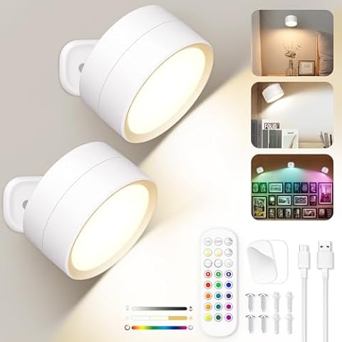 LED Wall Mounted Lights with Remote，Battery Operated lights with 3 Color Temperatures，12 RGB Color Ambience Wall Sconces，Rechargeable Battery Magnetic Ball 360°Rotation，Wall Lights for Bedroom, 2 Pack Cover