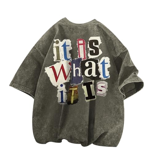 Zoemghc Men's Graphic Tees Funny Letter Print Vintage Oversize T Shirts Acid Wash Shirt Streetwear Rapper Casual Tee Top(Army Green,S)