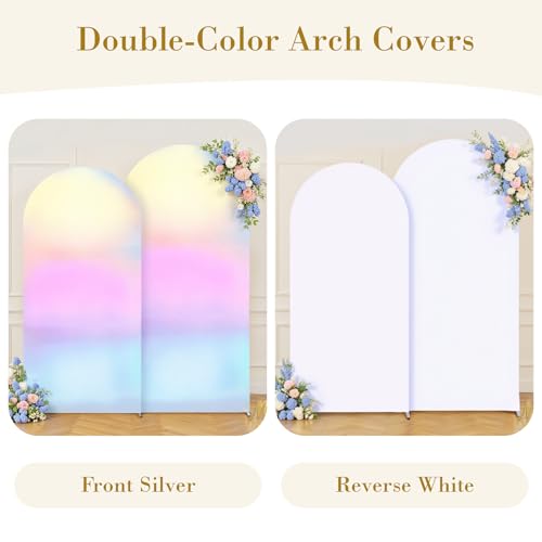Image of Silver White Arch Covers 7.2 and 6ft Sequin Sparkly Birthday Party Arch Backdrop Covers Set of 2 Spandex Shimmer Balloon Arch Stand Cover for Wedding Bridal Shower Baby Shower Photo Arches Background