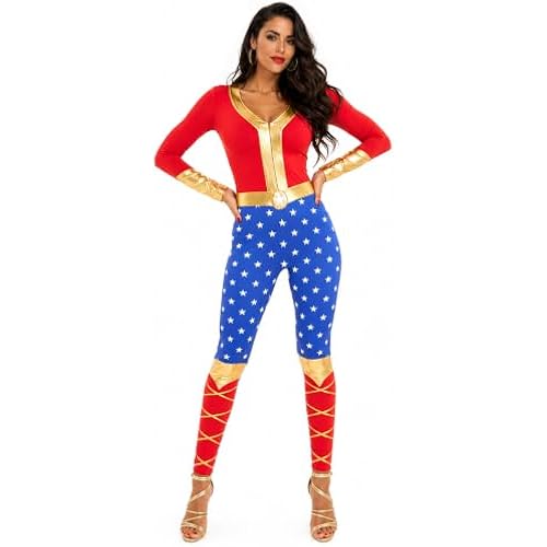 Tipsy Elves Halloween Red and Patriotic Superhero Long Sleeve Bodysuit Costume for Women