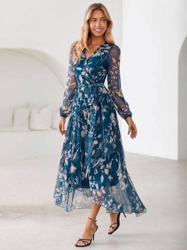 Simplee Women's Floral Long Sleeve Mesh Maxi Dress Fall V Neck Wrap High Low Swing Flowy Wedding Guest Dress Navy Blue XL — view 3