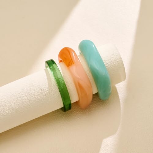 WOWORAMA 3pcs Colorful Resin Acrylic Bangle Bracelets Set for Women Wide Chunky Acrylic Bracelets Stackable Geometric Acetate Resin Bangles Stack Plastic Statement Bracelet