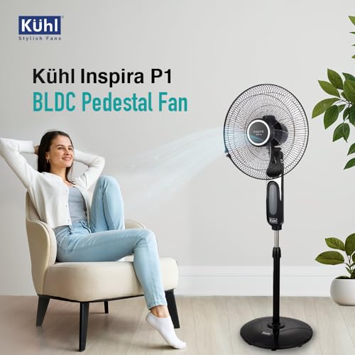Image of KUHL Inspira P1 | 400mm | BLDC Pedestal Fan with Remote | 5 wings | Touch Screen Control Panel | Height Adjustment | Tilt Mechanism, Swivel Function | Low Noise | Black