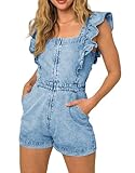 Kedera Women Ruffle Sleeveless Denim Rompers Short Zip Up Denim One Piece Jumpsuit with Pocket
