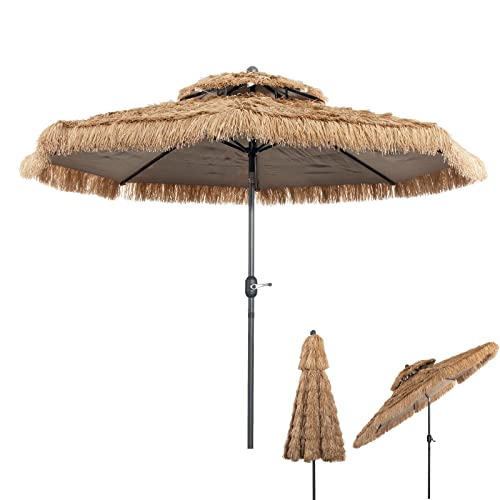 GOPLUS 3M Parasol Paille en PE, avec Double Toit Inclinable 30°, 8 Baleines, 12 Couches, Bloquer...