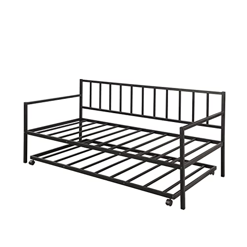 Metal Daybed with Trundle, Twin Size Day Bed Frame with Pullout Trundle, Heavy-Duty Daybed for Living Room Bedroom Kids Teens and Adults, Black - Thumbnail 3