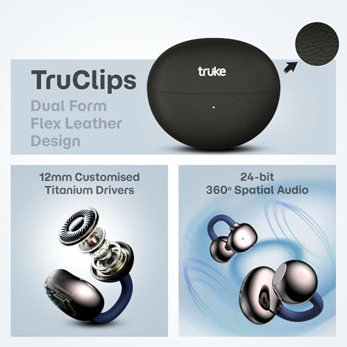 Image of truke TruClips Wireless Open Ear Buds with 55H Battery, 12mm Custom Drivers, Spatial Audio, Premium Leather Dual Form Design, Low Latency, Quad Mic ENC, Ambient Awareness, IPX5 - OnyxBlue