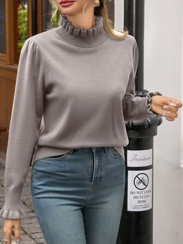 Image of Womens Ruffle Mock Neck Sweater Puff Long Sleeve Fall Trendy Pullover Tops | Fall Winter Clothes, Soft, Business Casual Outfits, Trendy Fashion, Knitted Shirts