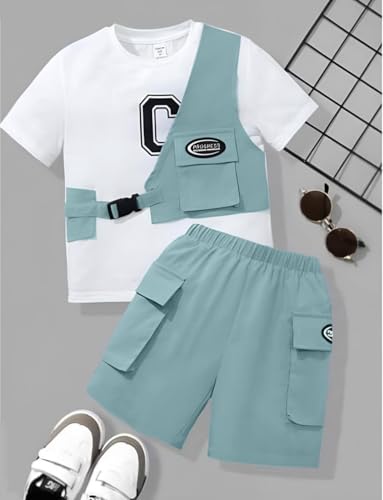 Image of Kids Boys 3-Piece Outfit Set | Half Sleeve T-Shirt, Utility Vest & Cargo Shorts with Cap | Stylish Casual Summer Clothing Set for Boys