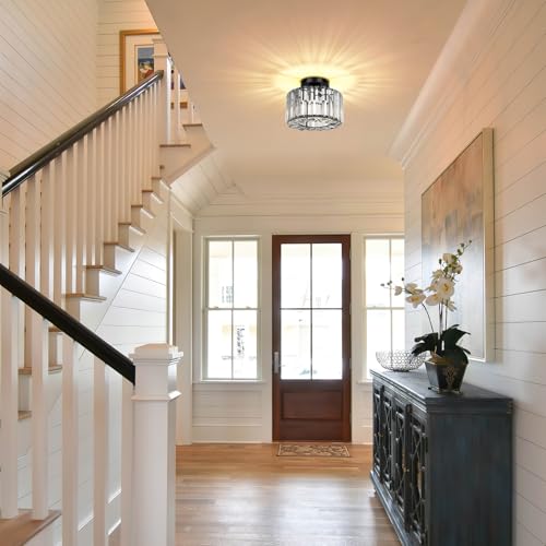 Image of FRIDEKO HOME Crystal Ceiling Light - Black Small Chandelier Semi Flush Mount Ceiling Light Fixture Modern Lights for Hallway Bathroom Kitchen Entryway (9.05 Inch, Bulb not Included)