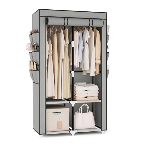 Vicye Tragbarer Kleiderschrank Stoffschrank für Hängende Kleidung mit 4 Ablagen, 2 Kleiderstangen und 6 Taschen, Stabil und Leicht Aufzubauen, Schrank mit Abdeckung für das Schlafzimmer, Grau