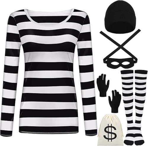 JUANSI Adult Halloweent Robber Costume Set Black and White Striped Tee Shirt Canvas Bag Gloves Eye Patch and Beanie Cap (Female, XL)