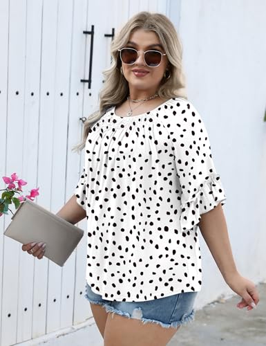 Image of Micoson Womens Plus Size Tops 3 /4 Ruffle Sleeve Crewneck Pleated Shirts