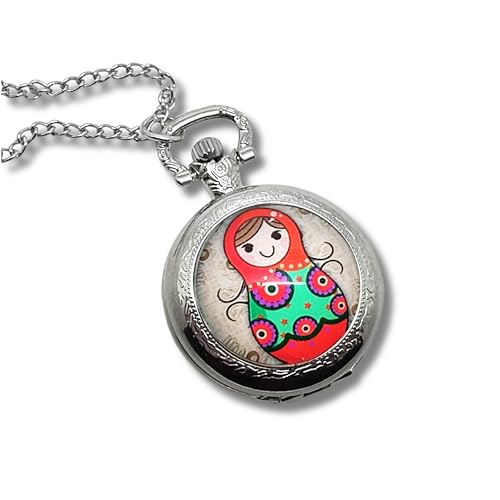 Montre à gousset argentée, sautoir illustré matriochka, parure « la poupée russe », matriochka, Russie, orange, beige, vert (ref.75a).