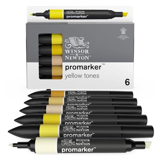 Winsor & Newton 0290157 ProMarker, professionell layoutmarkör – 2 spetsar, fin och bred för ritningar, design och layouter – gula toner 6 pennor