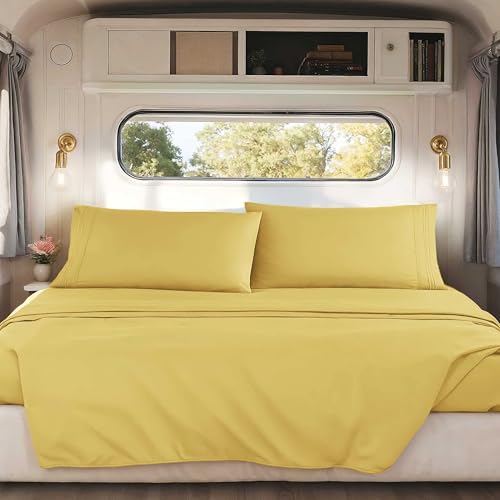 Image of Nestl Custard Yellow Short Queen Sheets for RV, Hotel Luxury RV Queen Sheets Set, 4 Piece Fitted Bed Sheet Set and Pillowcases, Super Soft, Wrinkle-Free, and Breathable Camper Bedding