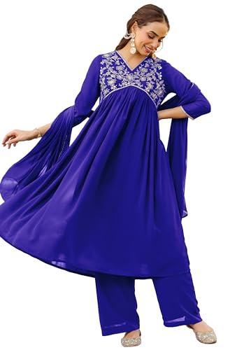Image of Janasya Women's Georgette Zari Yoke Embroidered A-line Kurta Set