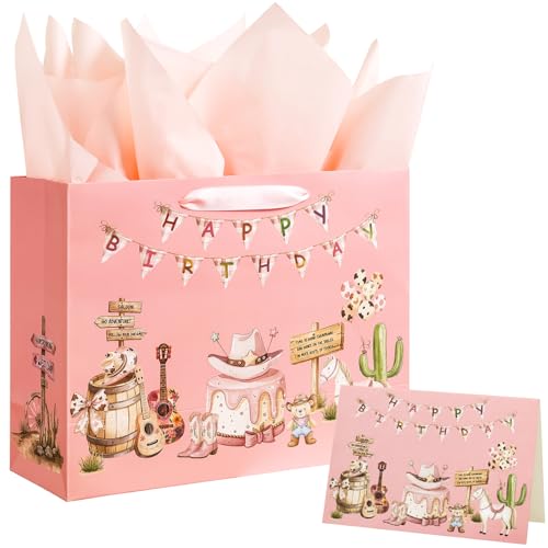 Crisky Large Cowgirl Birthday Bags for Girls with Card and Tissue Papers, Pink Bear Large Girl Birthday Gift Bag for Western Cowgirl Party Favors Decorations Bday Gifts, 13"