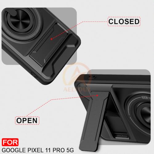 Image of Google Pixel 11 Pro Back Cover | Armor Camera Slider 360 Degree Rotating Finger Ring Holder Case with Bracket Stand Back Case Cover (Compatible with MagSafe Accessories) (Black)