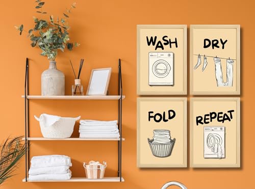 Image of Mira Mest Framed Bathroom Wall Decor | Funny Quotes & Cute Animal Art Prints | Quirky Toilet Signs & Guest Bath Decorations | Minimalist Black & White Washroom Signs | Ready to Hang Toilet Humor for Home & Powder Room (Laundary Set 4 Wooden)