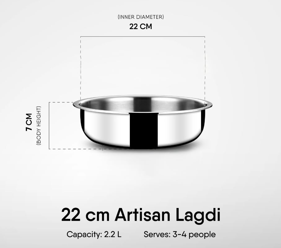 Image of Triply Stainless Steel Langdi Tope 22 cm 2.2 L | Extra Shallow Triply Tope | Patila, Tapeli, Bhagona, Degchi Cooking Pot | Heavy Induction Bottom | Gas & Induction Compatible