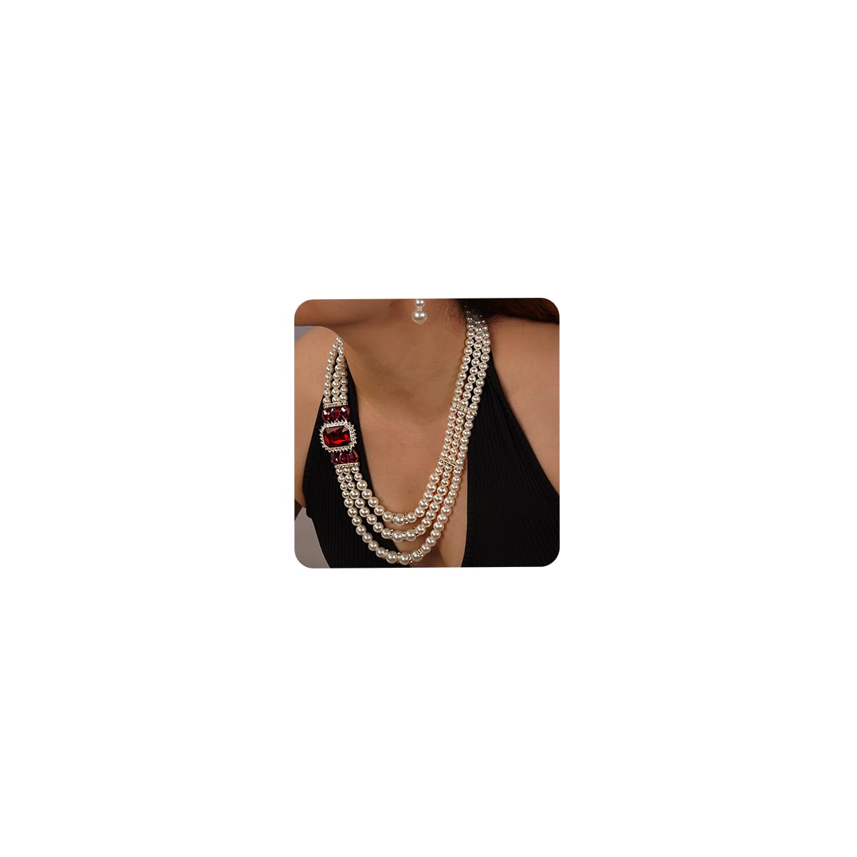 AimimierAimimier 1920s 3-strand White Faux Pearl Necklace and Earrings Set with Red Crystal and Rhinestone Long Pearl Necklace Statement Women Jewelry