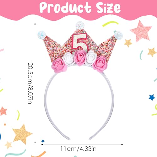 Apausvcm 1 Stück Geburtstagskrone Mädchen Prinzessin Krone Geburtstag Krone Stirnband mit Rose Blumen Kron für Mädchen mit Glitzer Zahlen für 5 Jahr Geburtstag Party Geburtstagsdeko