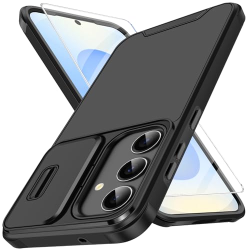 Handyhülle für Samsung Galaxy S25 Hülle mit Displayschutz Und Slide Camera Cover Kameraschutz, S25 Schutzhülle Militärschutz Stoßfeste Kratzfeste Panzerhülle für Samsung S25 5G Cover (Schwarz)