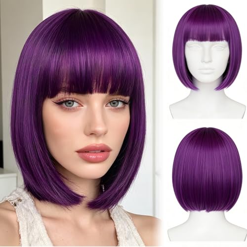 Bob Perücke für Damen Lila 30cm Kurzhaar Glatt mit Pony Verstellbare Passform & Pflegeleichte Kunstfaser für Karneval Cosplay & Halloween Purple Wig