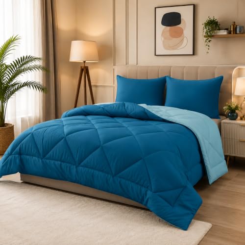 Image of 220 GSM Comforter Set Double Bed | Microfiber Reversible AC Blanket Duvet Quilt for Double Bed King Size (Deep Teal & Carribean Blue)
