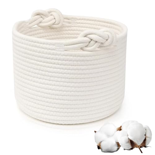 Woven Rope Storage Basket, Toy Storage Basket with Handle, Baby Laundry Basket Small Blanket Basket Gift Basket for Living Room, Bedroom, Office, White (24×18cm)
