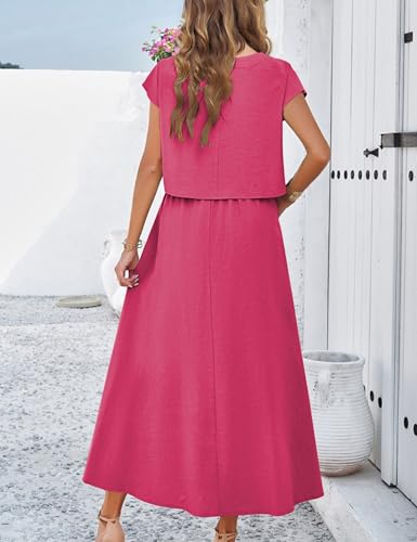 Image of Mingzhu Womens 2 Piece Outfits Skirt Set Summer Casual Cap Sleeve Crop Tops Maxi Dress Sets with Pockets