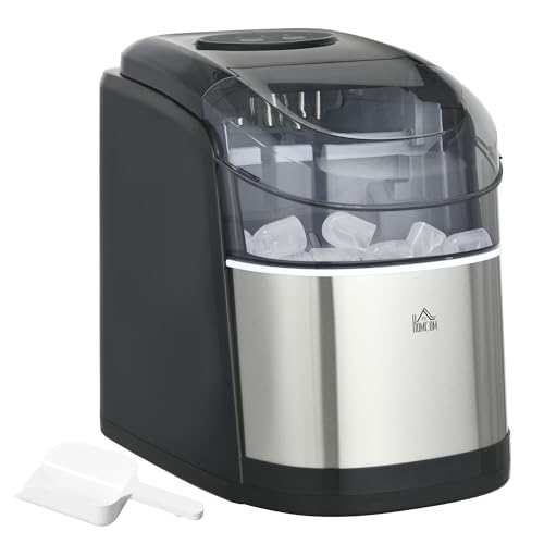 Homcom Macchina Del Ghiaccio Autopulente Da 9 Cubetti In 6-12 Minuti Con Cesto E Paletta, Macchina Per Il Ghiaccio In Pp E Acciaio Inox, 24.2X35.3X33 