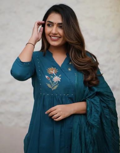 Embroidery kurti with pant and mechineg dupatta set (IN, Alpha, XL, Regular, Dark Green)