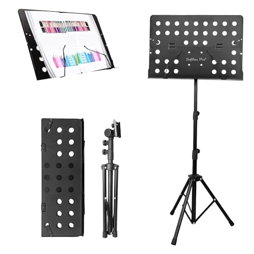 Image of Softline Pro Metal Music Stand, Portable & Foldable Professional Perforated Notation Stand, Tabletop Music Book Stand for Guitar, Ukulele, Violin Players (SP02 - Two Fold)