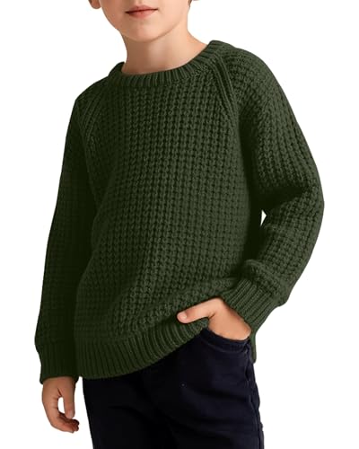 LessonZoo Boys' Waffle Sweater Thermal Thick Chunky Knit Tops 5-13 Years Crewneck Long Sleeve Shirts Casual Kids Pullover(Army Green,10-11y)