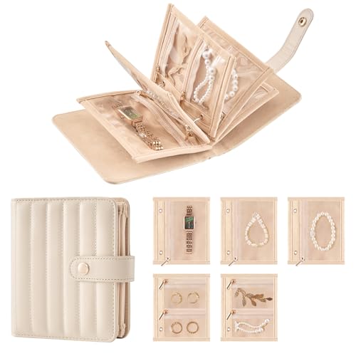 Lolalet Travel Jewelry Organizer Case, Portable Jewlery Storage Book Portfolio Binder with Zipper Velvet Pouch for Women -Beige, Small Beige S