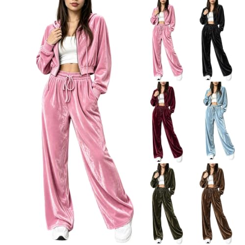 Velour Tracksuit Womens Y2K 2 Piece Jacket Wide Leg Pants Velvet Sweatsuit - image 1