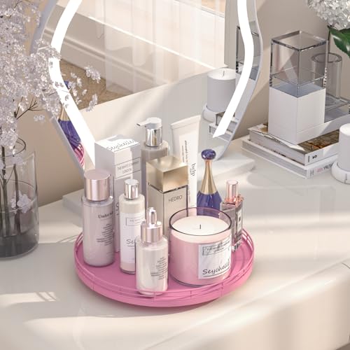 Image of 12 inch Oak Wood Bathroom Tray for Counter, Vanity Tray for Perfume Lotion Candle Makeup Jewelry Sink Soap Holder Turntable Dresser Organizer Countertop Coffee Table Decor Organization and Storage Pink
